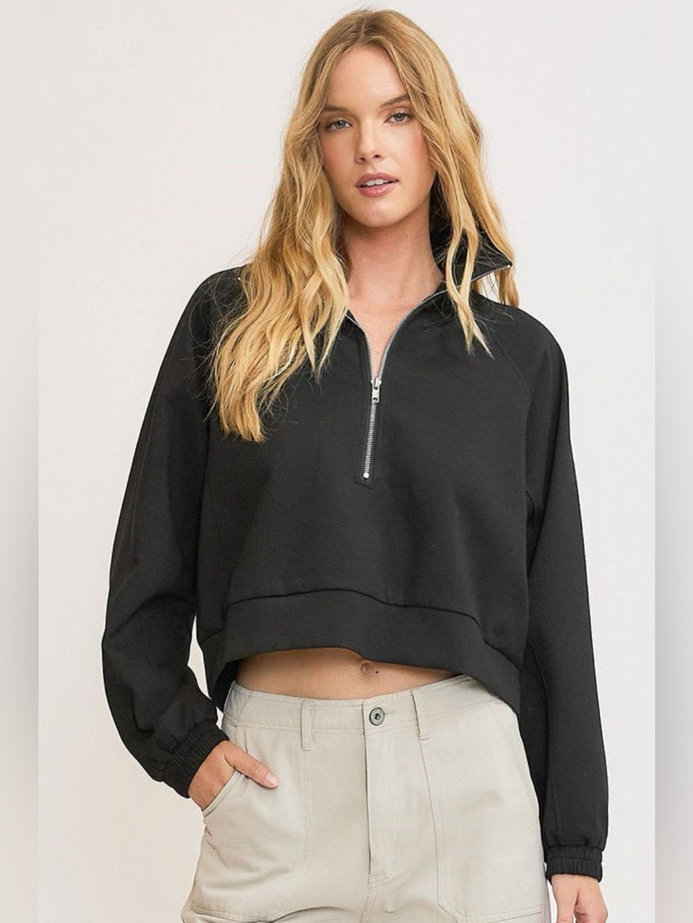 Umgee Full Size Half Zip Cropped Sweatshirt Plus Size